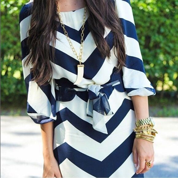 DVF Brygid Silk Navy and Crème Belted Chevron Dress - Picture 1 of 12
